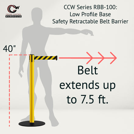 Safety Stanchion Retractable Belt Barriers, Low Profile Steel Base, Yellow Post, 7.5 Ft. Belt - Montour Line MSX630