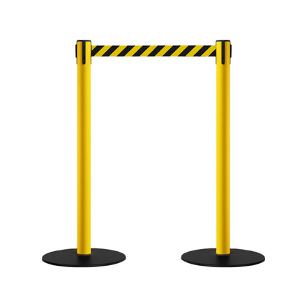 Safety Stanchion Retractable Belt Barriers, Low Profile Steel Base, Yellow Post, 7.5 Ft. Belt - Montour Line MSX630