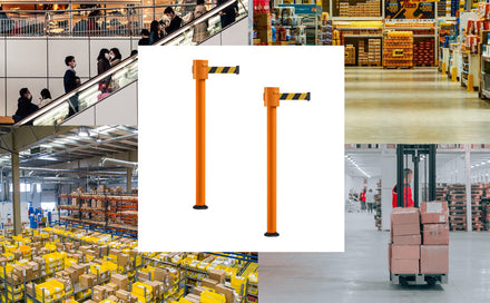 Retractable Belt Barrier Stanchion, Fixed Base, Orange Post, 35 ft Belt - Montour Line MSX760F