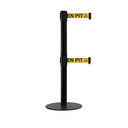 Retractable Dual Belt Barrier Stanchion, Low Profile Steel Base, Black Post, 7.5ft Belts - Montour Line MX630D