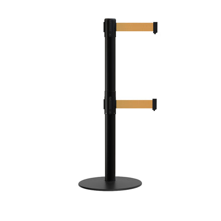 Retractable Dual Belt Barrier Stanchion, Low Profile Steel Base, Black Post, 7.5ft Belts - Montour Line MX630D