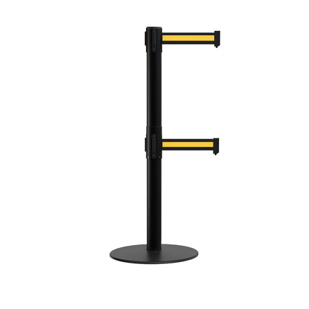 Retractable Dual Belt Barrier Stanchion, Low Profile Steel Base, Black Post, 7.5ft Belts - Montour Line MX630D