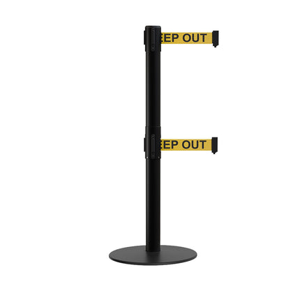 Retractable Dual Belt Barrier Stanchion, Low Profile Steel Base, Black Post, 7.5ft Belts - Montour Line MX630D