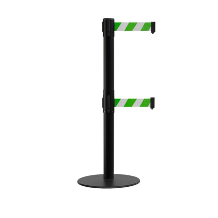 Retractable Dual Belt Barrier Stanchion, Low Profile Steel Base, Black Post, 7.5ft Belts - Montour Line MX630D