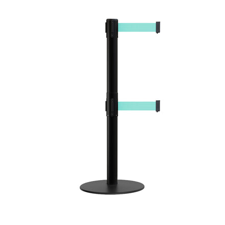 Retractable Dual Belt Barrier Stanchion, Low Profile Steel Base, Black Post, 7.5ft Belts - Montour Line MX630D