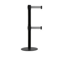 Retractable Dual Belt Barrier Stanchion, Low Profile Steel Base, Black Post, 7.5ft Belts - Montour Line MX630D