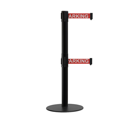 Retractable Dual Belt Barrier Stanchion, Low Profile Steel Base, Black Post, 7.5ft Belts - Montour Line MX630D