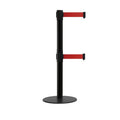 Retractable Dual Belt Barrier Stanchion, Low Profile Steel Base, Black Post, 7.5ft Belts - Montour Line MX630D