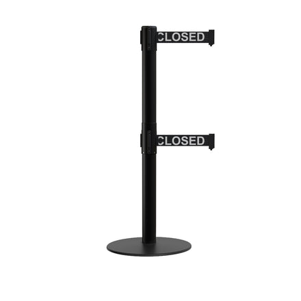 Retractable Dual Belt Barrier Stanchion, Low Profile Steel Base, Black Post, 7.5ft Belts - Montour Line MX630D