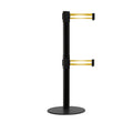 Retractable Dual Belt Barrier Stanchion, Low Profile Steel Base, Black Post, 7.5ft Belts - Montour Line MX630D