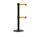 Retractable Dual Belt Barrier Stanchion, Low Profile Steel Base, Black Post, 7.5ft Belts - Montour Line MX630D