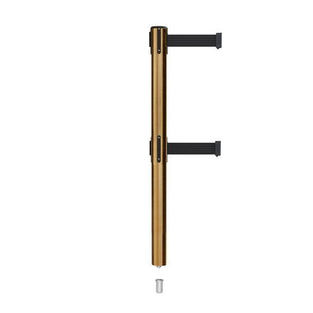 Retractable Dual Belt Barrier Stanchion, Mini Socket Base, Satin Brass Post, 9 ft Belt - Montour Line MX630DSK