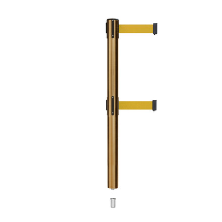 Retractable Dual Belt Barrier Stanchion, Mini Socket Base, Satin Brass Post, 9 ft Belt - Montour Line MX630DSK