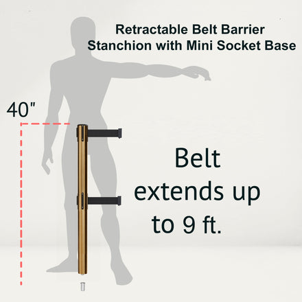 Retractable Dual Belt Barrier Stanchion, Mini Socket Base, Satin Brass Post, 9 ft Belt - Montour Line MX630DSK