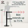 Retractable Dual Belt Barrier Stanchion, Low Profile Steel Base, Black Post, 7.5ft Belts - Montour Line MX630D