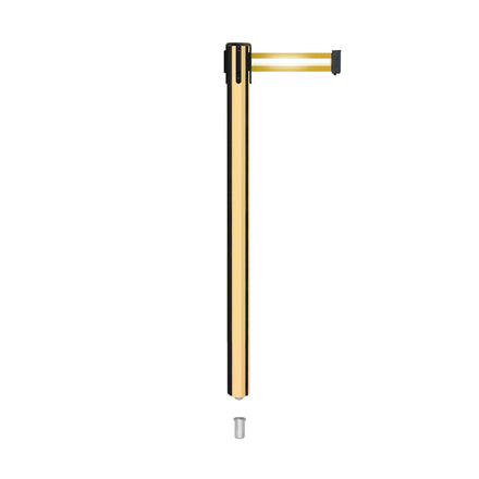 Retractable Belt Barrier Stanchion, Mini Socket Base, Polished Brass Post, 7.5 ft Belt - Montour Line MX630SK