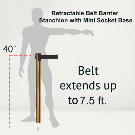 Retractable Belt Barrier Stanchion, Mini Socket Base, Satin Brass Post, 7.5 ft Belt - Montour Line MX630SK