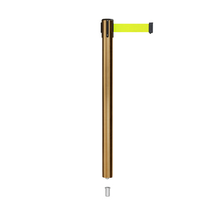 Retractable Belt Barrier Stanchion, Mini Socket Base, Satin Brass Post, 7.5 ft Belt - Montour Line MX630SK