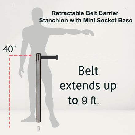 Retractable Belt Barrier Stanchion, Mini Socket Base, Satin Stainless Steel Post, 9 ft Belt - Montour Line MX630SK