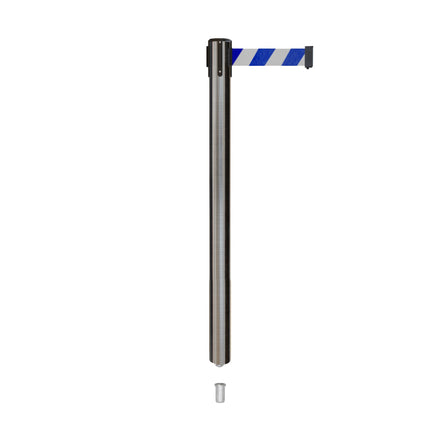 Retractable Belt Barrier Stanchion, Mini Socket Base, Satin Stainless Steel Post, 11 ft Belt - Montour Line MX630SK