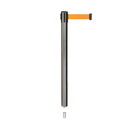 Retractable Belt Barrier Stanchion, Mini Socket Base, Satin Stainless Steel Post, 7.5 ft Belt - Montour Line MX630SK