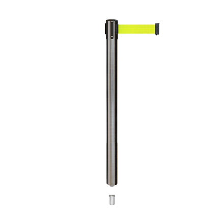 Retractable Belt Barrier Stanchion, Mini Socket Base, Satin Stainless Steel Post, 11 ft Belt - Montour Line MX630SK