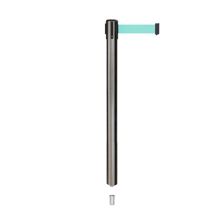 Retractable Belt Barrier Stanchion, Mini Socket Base, Satin Stainless Steel Post, 11 ft Belt - Montour Line MX630SK